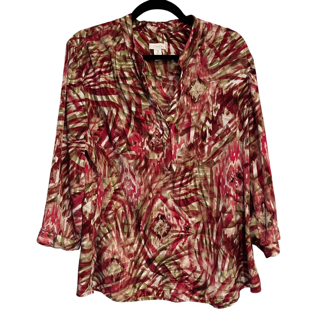 Chico's Shirt Popover Blouse Top Magenta Pink Green Size 3 (US XL) Career Office